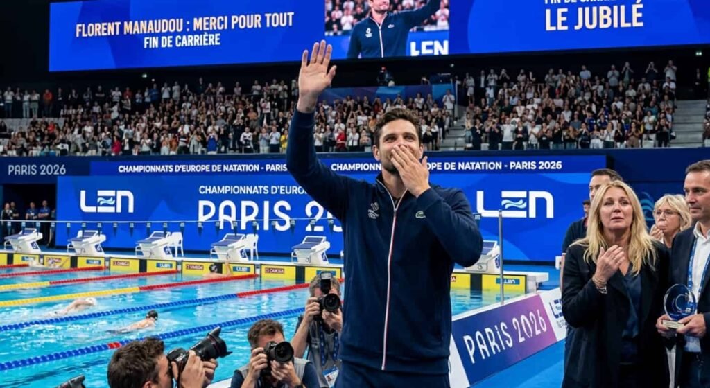 Florent Manaudou fait ses adieux à Paris : un jubilé en larmes à la Défense Arena 1 Florent Manaudou lève la main pour saluer le public dans les tribunes de la Défense Arena