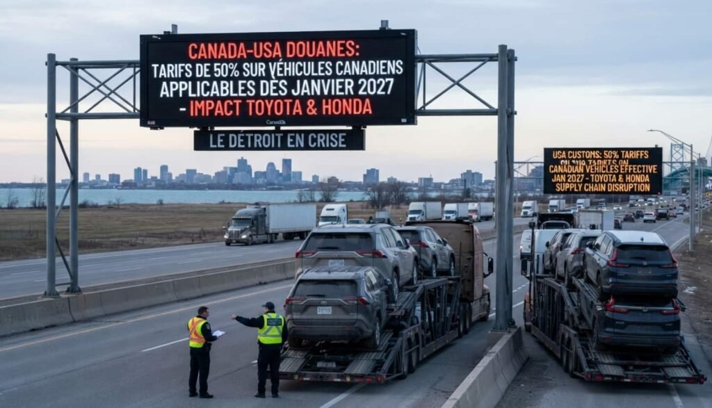 Droits de douane à 50% sur le Canada : Toyota et Honda, premières victimes de Trump 1 Alignement de Honda CR-V gris et Civic blanches stationnées sur un parking industriel canadien
