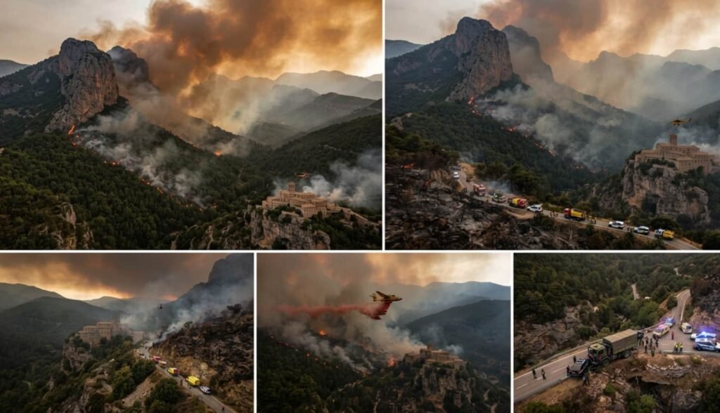 Espagne : 100 pompiers français déployés contre le mégafeu d'Aragon à Huesca 2 Foule de centaines d'habitants rassemblés en silence devant la mairie de Jaca avec drapeaux en berne