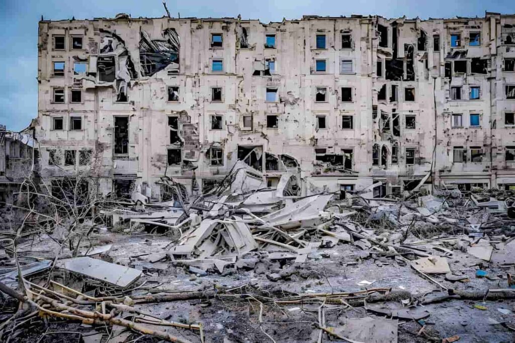Décombres d'une maison résidentielle détruite à Radushne