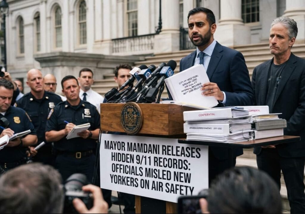 Zohran Mamdani s'exprime derrière un pupitre avec drapeaux de New York en arrière-plan