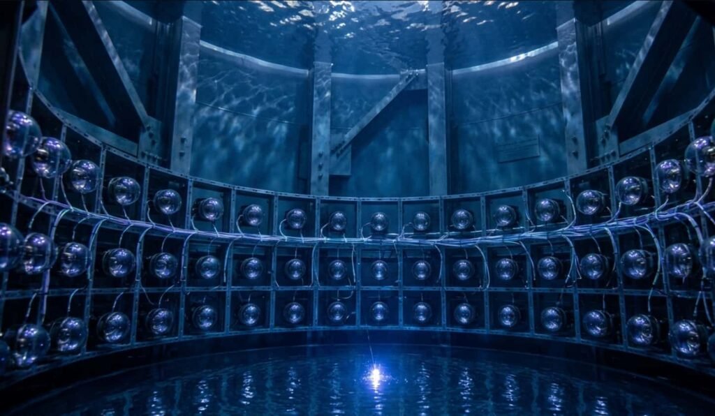 Matière noire : un signal unique capté à 1480 m sous terre relance l'espoir 1 Illustration en coupe du réservoir de xénon liquide montrant un flash initial et une traînée d'électrons vers le haut