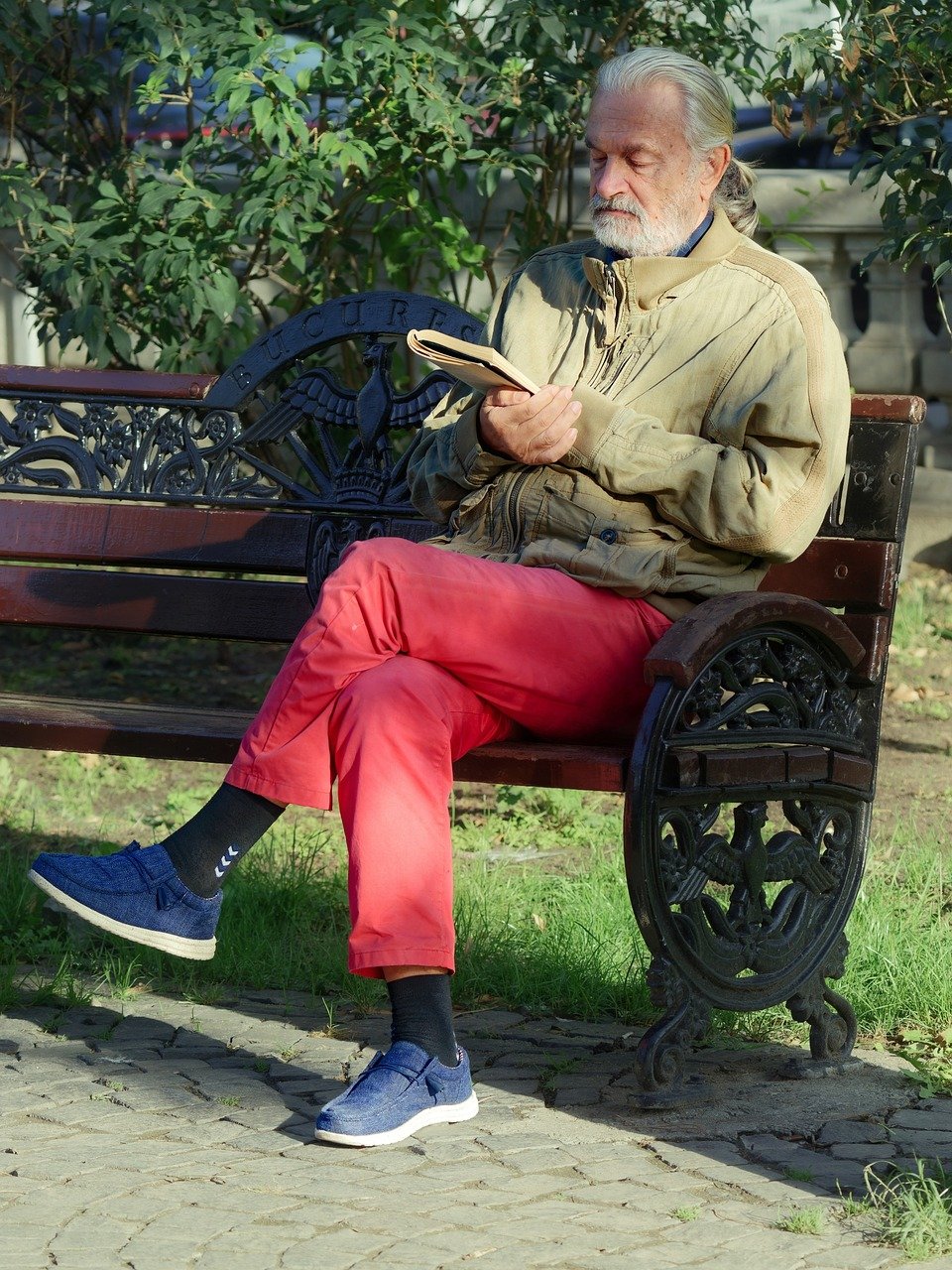 Homme âgé, assis sur un banc. Ses cheveux ne sont pas très garnis vers lu haut du crâne.