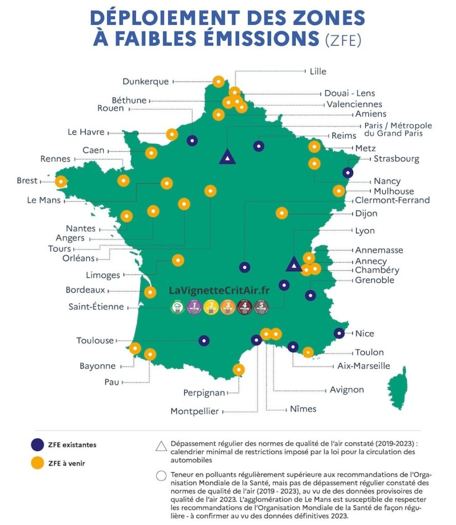 La carte des ZFE en 2024 - ces zones ne seront plus à l'ordre du jour.