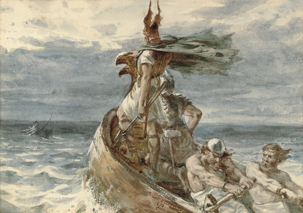 Comment les scientifiques ont percé les secrets du plus ancien bateau en planches du Danemark Le bateau de Hjortspring (représenté ici dans Vikings Heading for Land, par Francis Bernard Dicksee, en 1873) a parcouru un long trajet dans la Baltique avant d’arriver sur l’île d’Als. Christie’s via Wikimédia