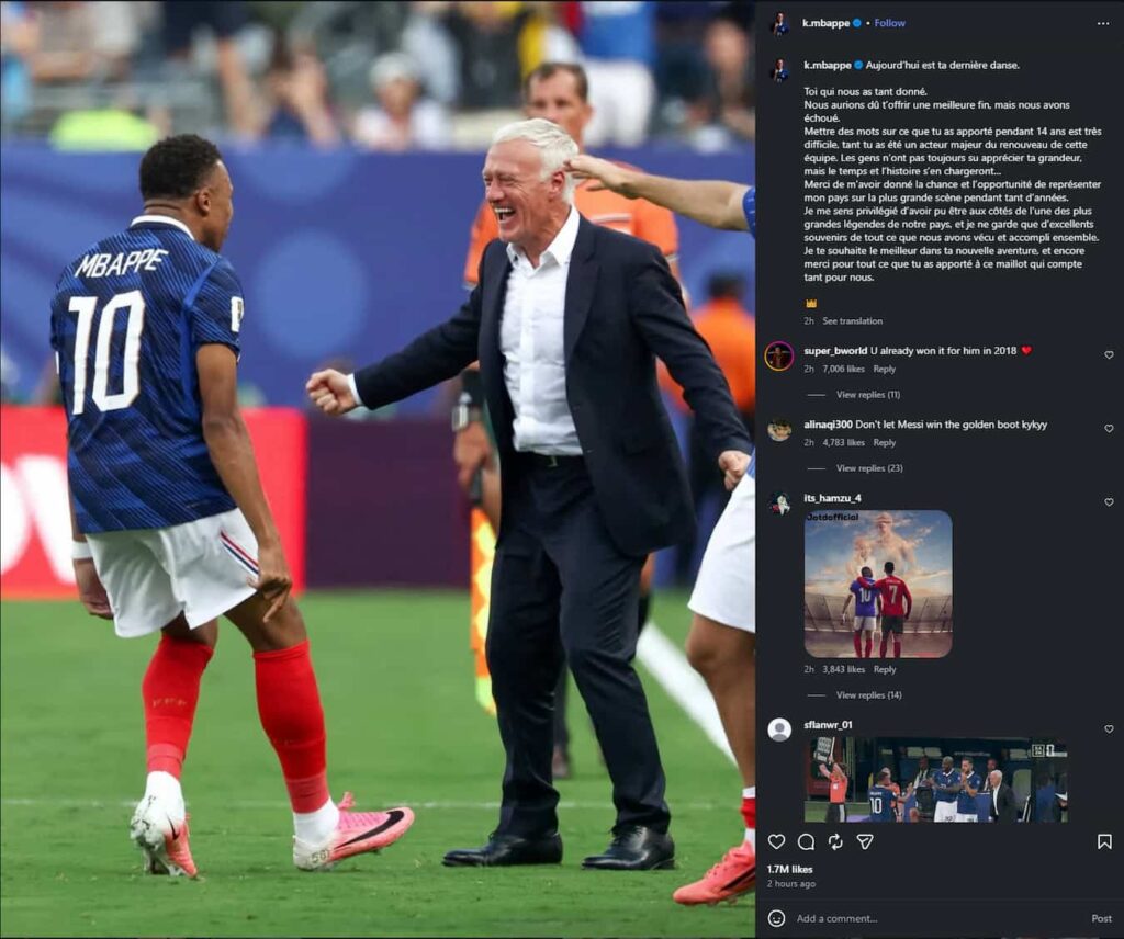 L’hommage de Mbappé à Deschamps marque la fin d’un long chapitre pour les Bleus Portrait du capitaine des Bleus lors de l'hommage de Mbappé à Deschamps.