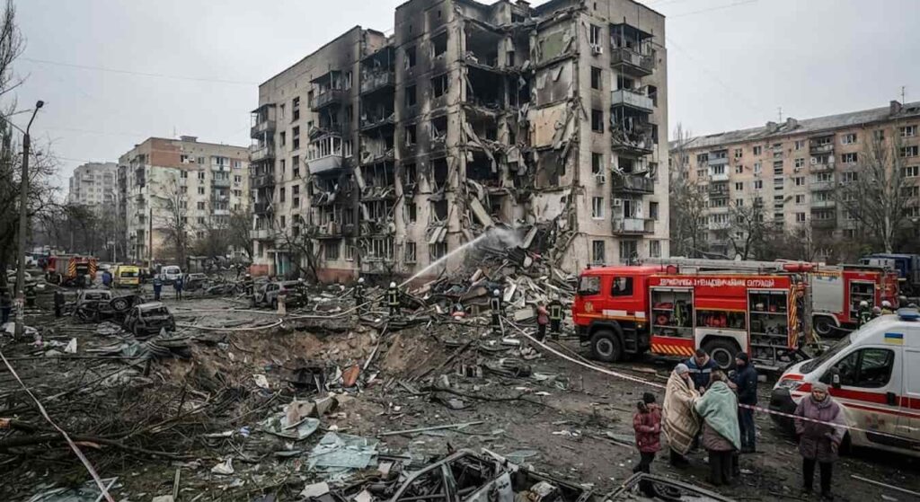 Pompiers travaillant après les frappes russes à Kyiv