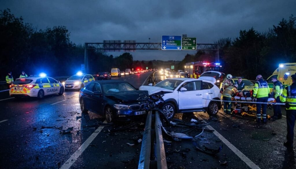 Irlande : cinq adolescents tués à contresens sur la M9 après un défi TikTok présumé Vue aérienne de l'autoroute M9 bloquée avec voitures de police et gyrophares au petit matin