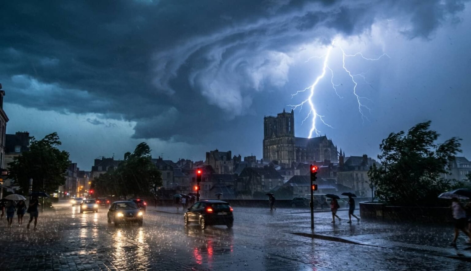 Le Mans suffoque à 26°C au cœur de la nuit, la Sarthe passe en vigilance orages Éclair zébrant le ciel noir au-dessus des toits du Mans pendant la nuit