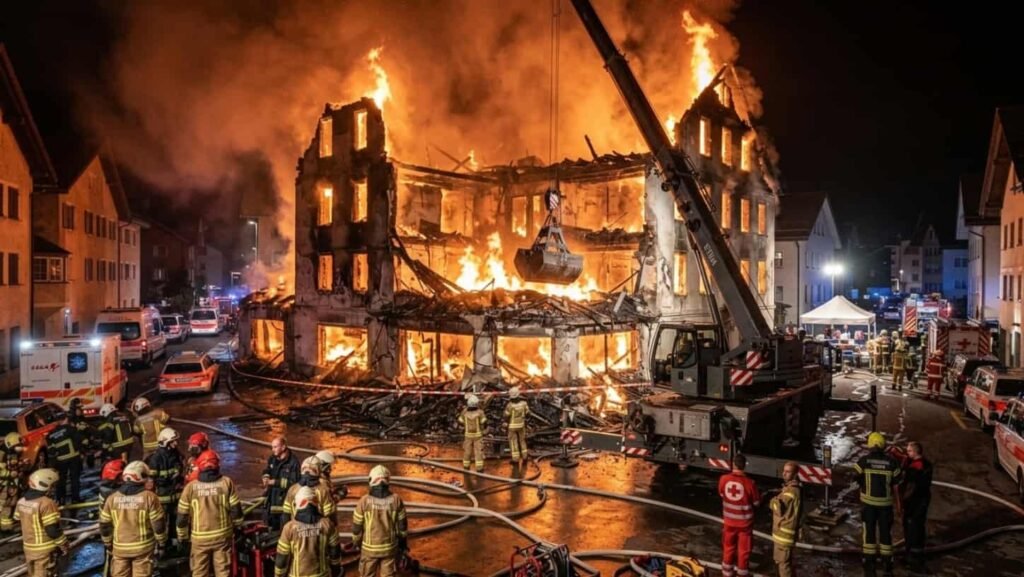 Immeuble d'habitation de plusieurs étages ravagé par un incendie en pleine nuit avec de grandes flammes aux fenêtres supérieures