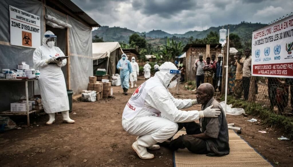 Agent de santé portant une combinaison de protection blanche et un masque devant une tente médicale