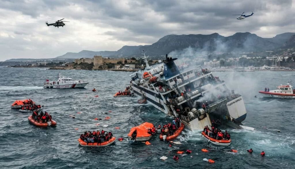 Ferry de croisière en train de chavirer au large des côtes chypriotes, coque partiellement immergée
