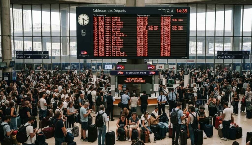 Gare Montparnasse : une panne électrique paralyse le trafic toute la matinée Voyageurs massés dans le hall de la gare Montparnasse devant les panneaux de départ