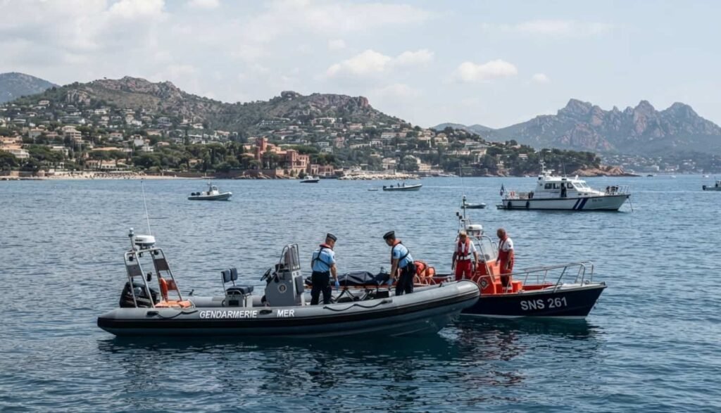 Vedette de secours vue du ciel quadrillant les eaux sombres au large de Mandelieu-la-Napoule