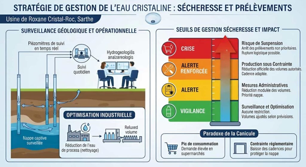 Sécheresse en Sarthe : l’usine Cristaline d’Ardenay contrainte de réduire ses prélèvements d’eau Vue aérienne de l'usine Cristaline à Ardenay-sur-Mérize avec des champs asséchés autour du site industriel