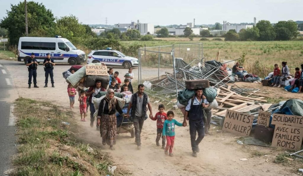 Caravanes et véhicules stationnés en file le long de la rue de la Papotière après l'évacuation