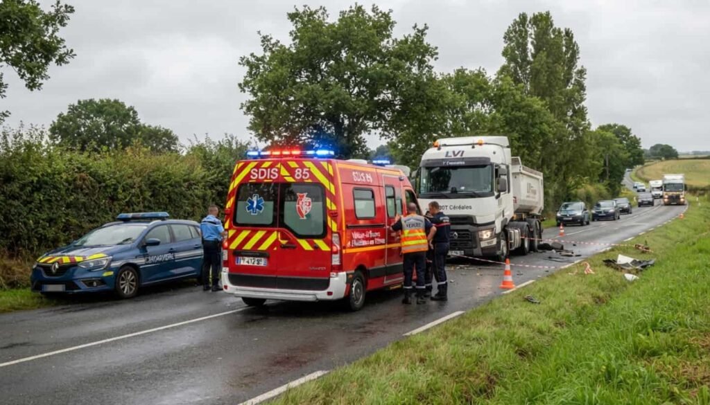 La Bruffière : un cycliste meurt percuté par un camion sur la RD753 Rubalise de gendarmerie barrant la route départementale 753 au lieu-dit La Morinière