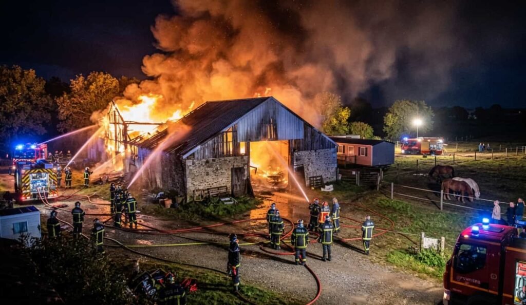 Nuit de frayeur à Héric : le feu ravage une écurie, les chevaux s’en sortent indemnes Sapeurs-pompiers avec une lance à eau devant une écurie en flammes la nuit