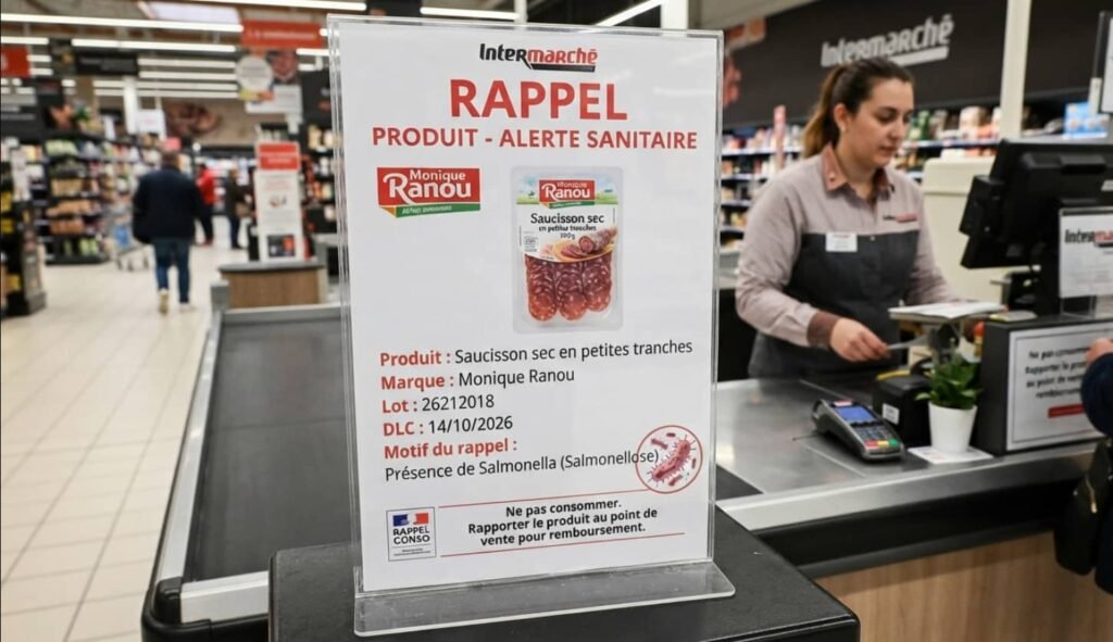 Un saucisson sec Monique Ranou contaminé à la salmonelle rappelé partout en France Barquette transparente de saucisson sec en 32 petites tranches posée sur une planche en bois