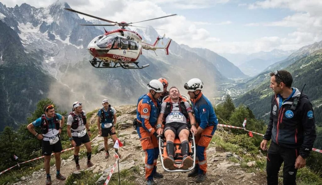 Jeff Browning héliporté en urgence après une crise cardiaque sur la TDS de l’UTMB Jeff Browning en train de courir sur un sentier de montagne pendant une course UTMB