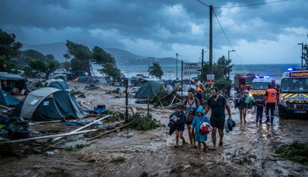 Ciel nocturne très sombre traversé par plusieurs éclairs au-dessus des collines du Sud-Est