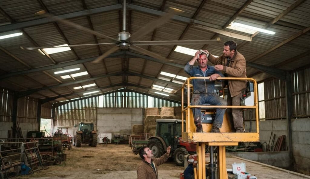 Intérieur d'un hangar agricole à Lavardens avec un chariot électrique de distribution de foin suspendu