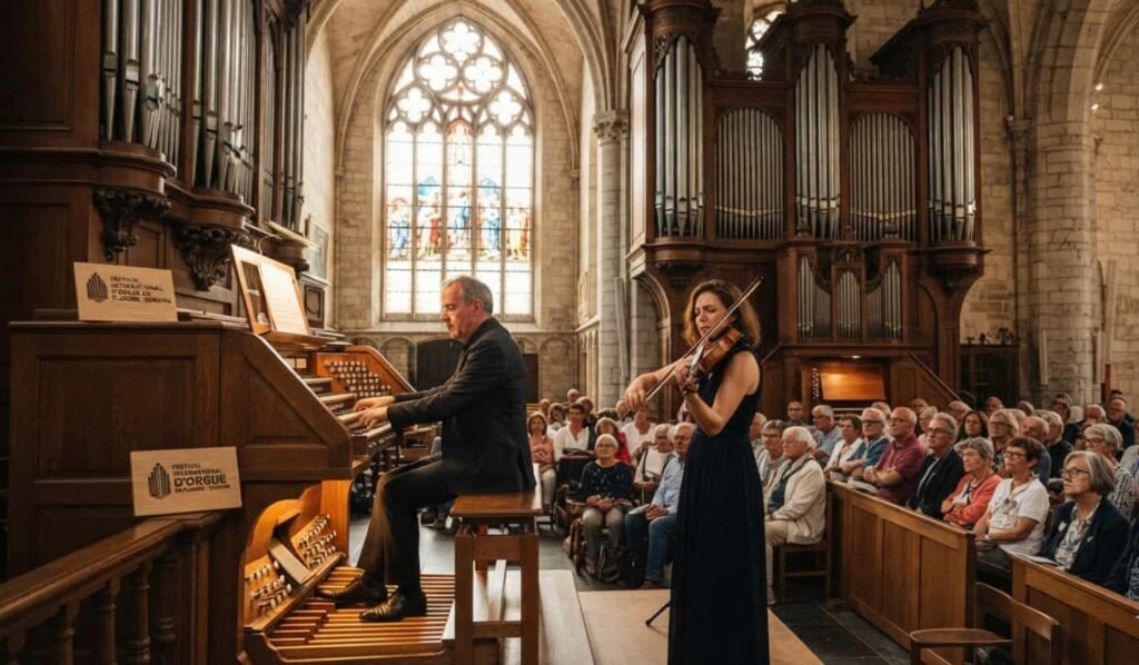 Intérieur de l'église Saint-Willibrord à Gravelines avec l'orgue en tribune au fond de la nef