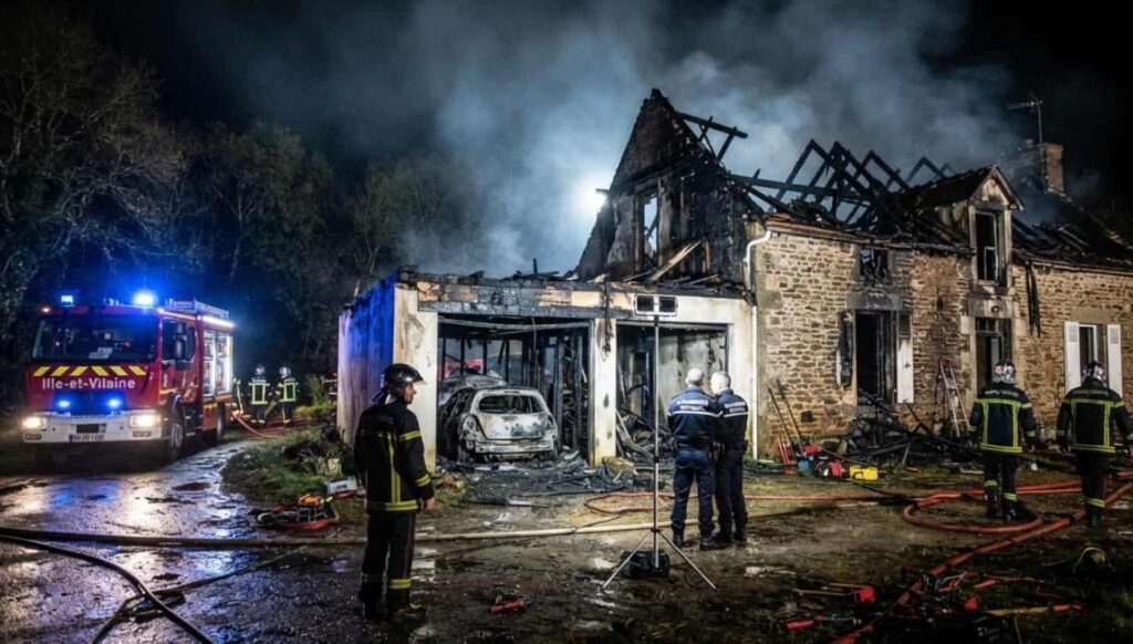 Toiture d'une longère partiellement effondrée après un incendie, avec des traces de suie noire sur les murs en pierre