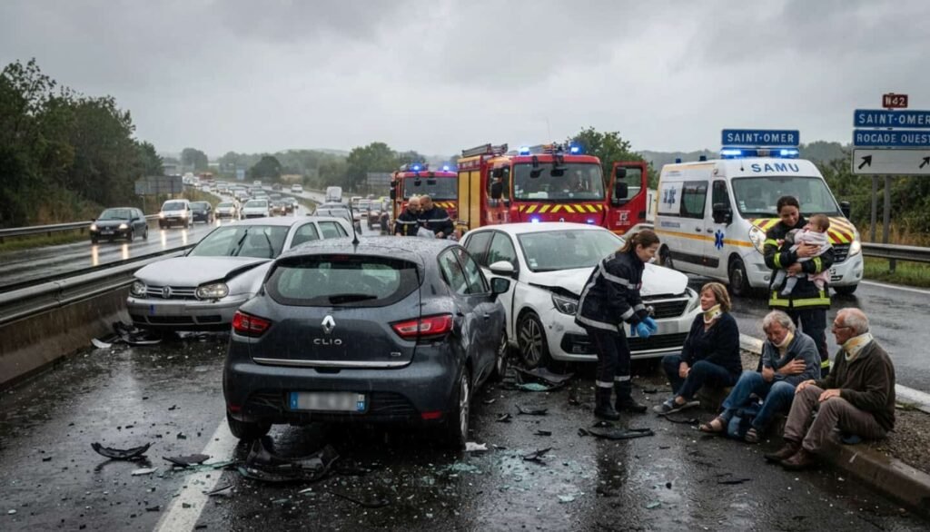 Blendecques : un bébé de 7 mois à l’hôpital après un accident sur la rocade Rocade détrempée avec chaussée brillante sous une pluie battante