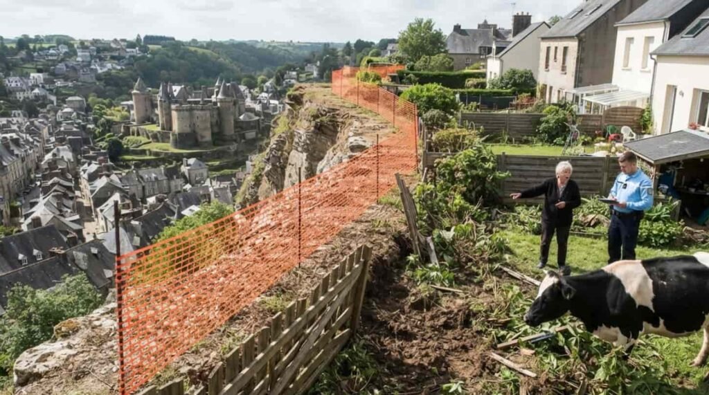 Vue large de la Butte à Bigot qui surplombe les toits des maisons de la rue Savigny à Fougères