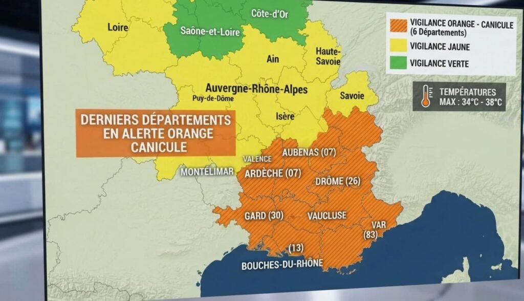 Carte de la France montrant sept départements d'Auvergne-Rhône-Alpes en vigilance orange canicule