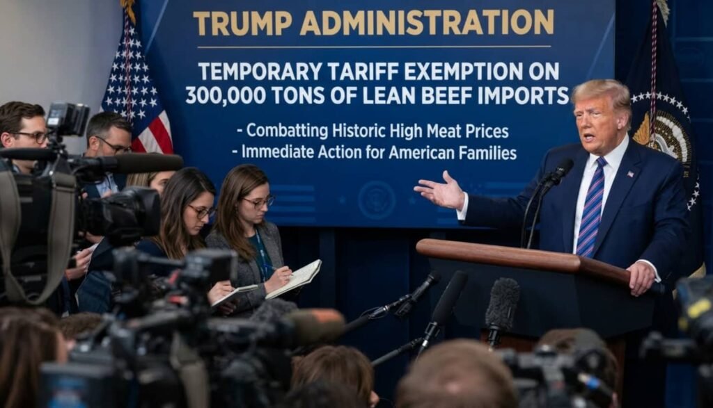 Donald Trump parlant derrière un pupitre avec deux drapeaux américains en arrière-plan