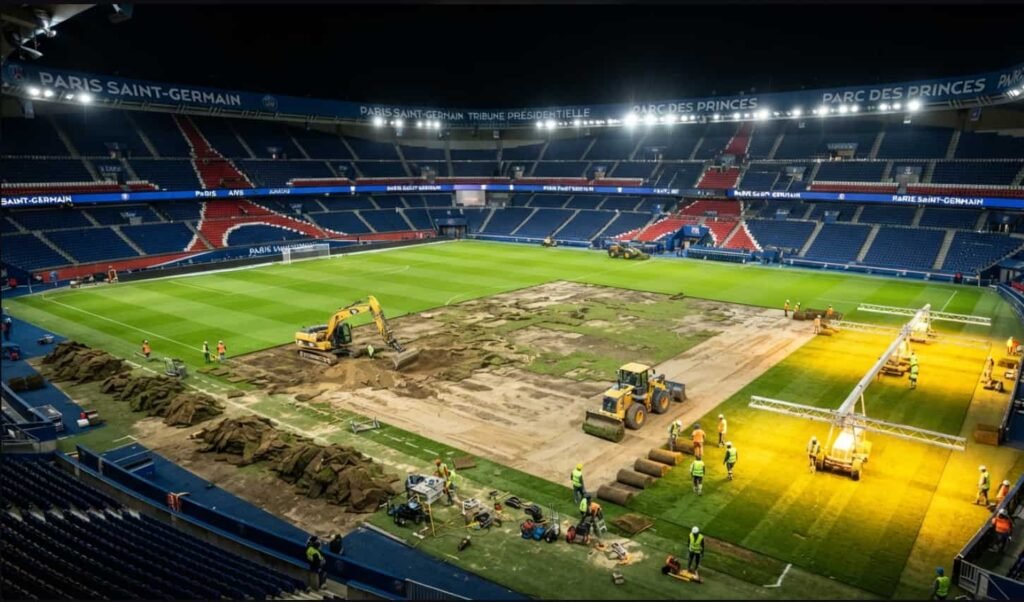 Gros plan sur la pelouse jaunie et trouée du Parc des Princes