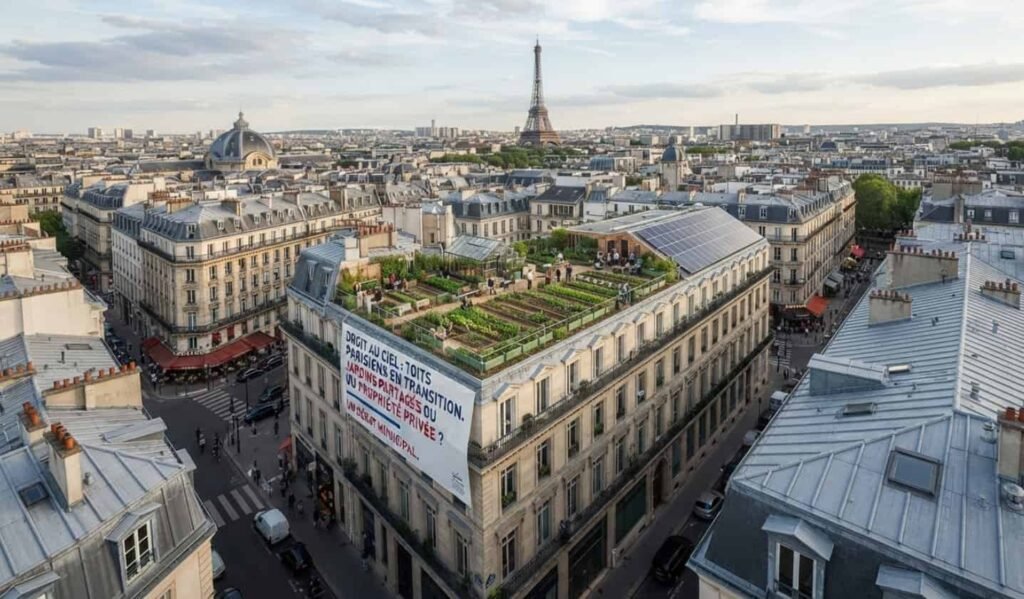 Vue aérienne des toits en zinc gris de Paris avec cheminées