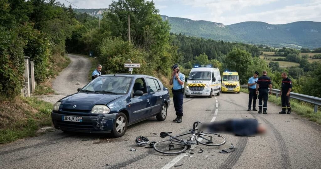Route départementale RD5 à Tavernolles avec chaussée à double sens et bas-côté herbeux