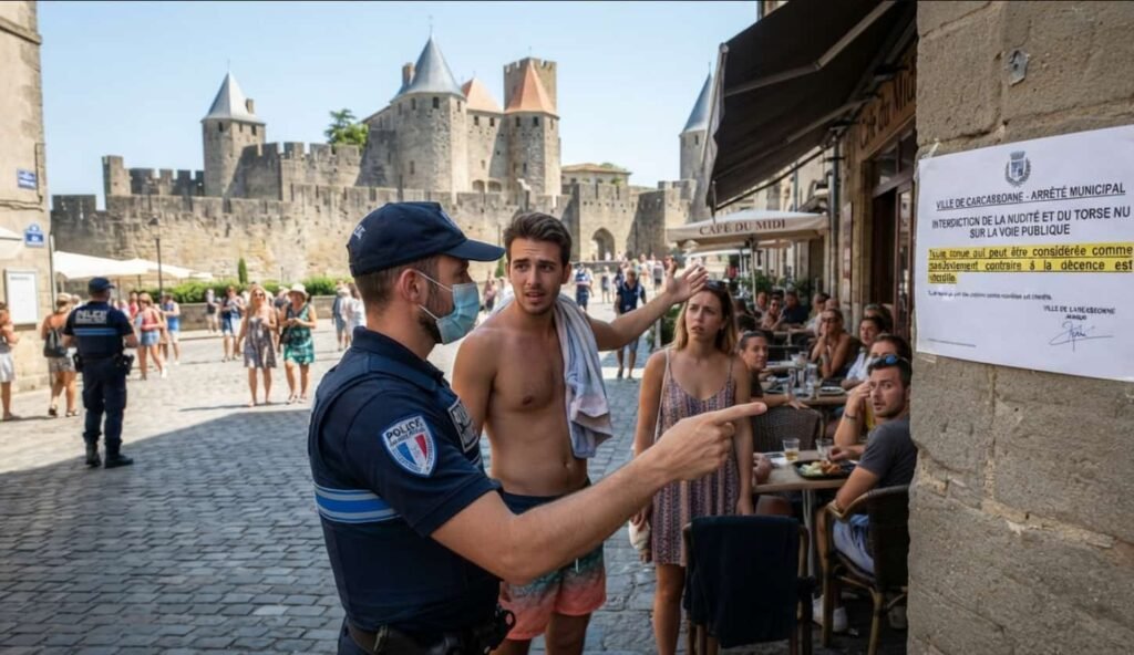 Des touristes marchent en tenue d'été dans une rue du centre-ville de Carcassonne