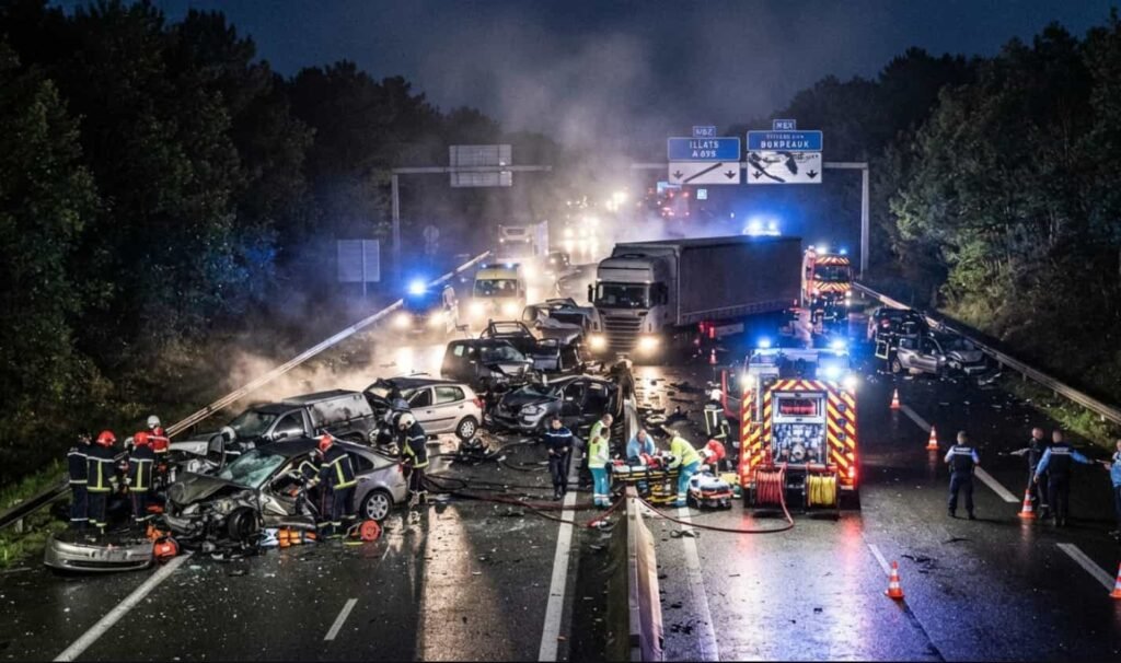 Carambolage mortel sur l’A62 à Illats : une femme de 23 ans tuée, deux blessés graves Autoroute plongée dans la nuit éclairée par les gyrophares des véhicules de secours