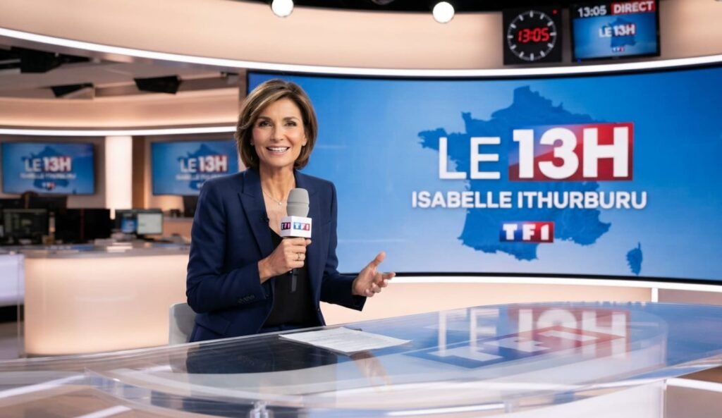 Isabelle Ithurburu présente le journal de 13 heures sur le plateau de TF1