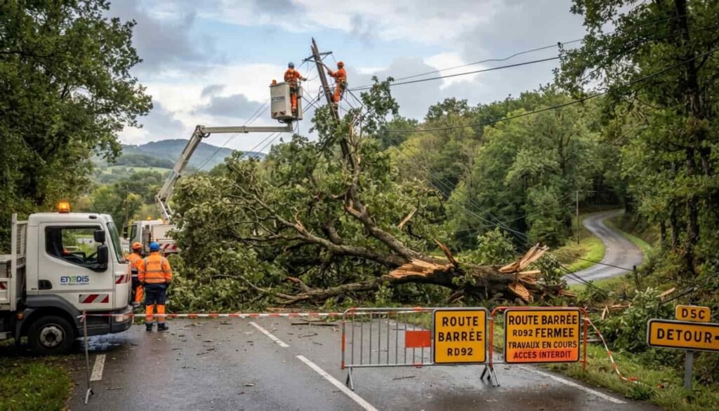 Agents routiers du département tronçonnant des troncs d'arbres tombés au bord de la RD92