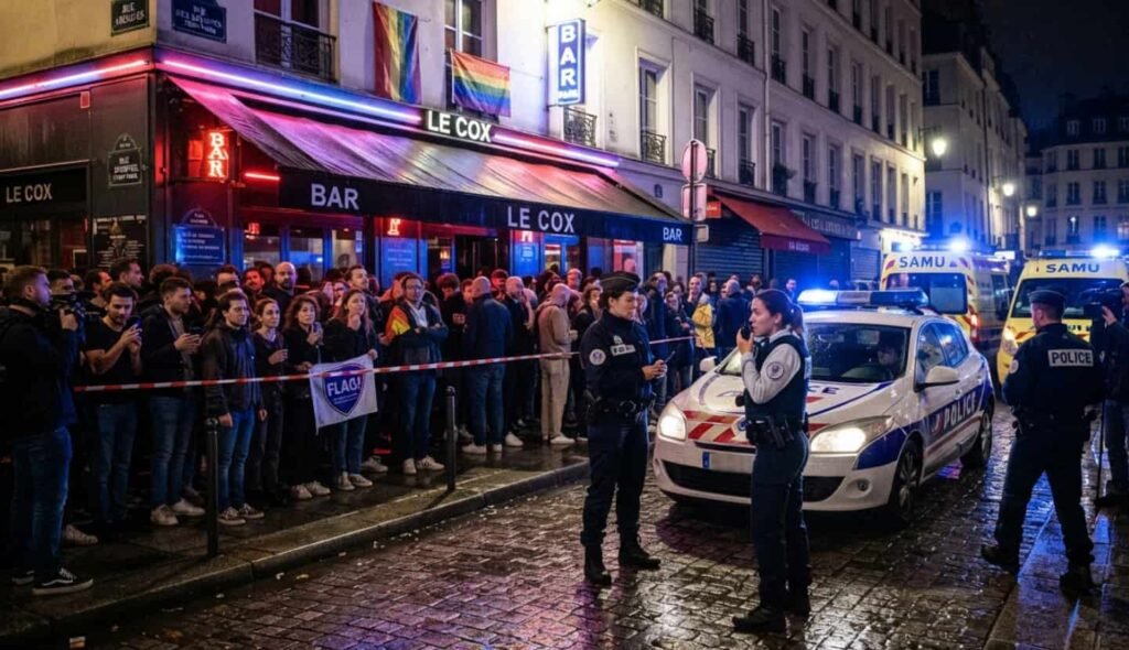 Agression homophobe à Paris : le président de FLAG! hospitalisé, suspect interpellé Rue du Marais à Paris la nuit, terrasse de bar éclairée et passants