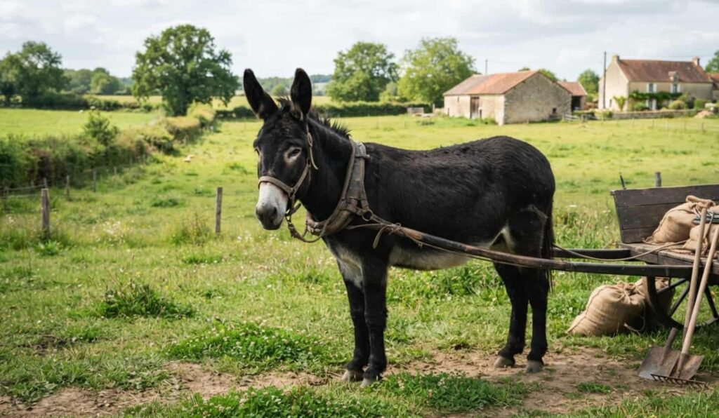 Jeune ânon grand noir du Berry de face, oreilles dressées, dans une prairie verte avec un second âne derrière lui