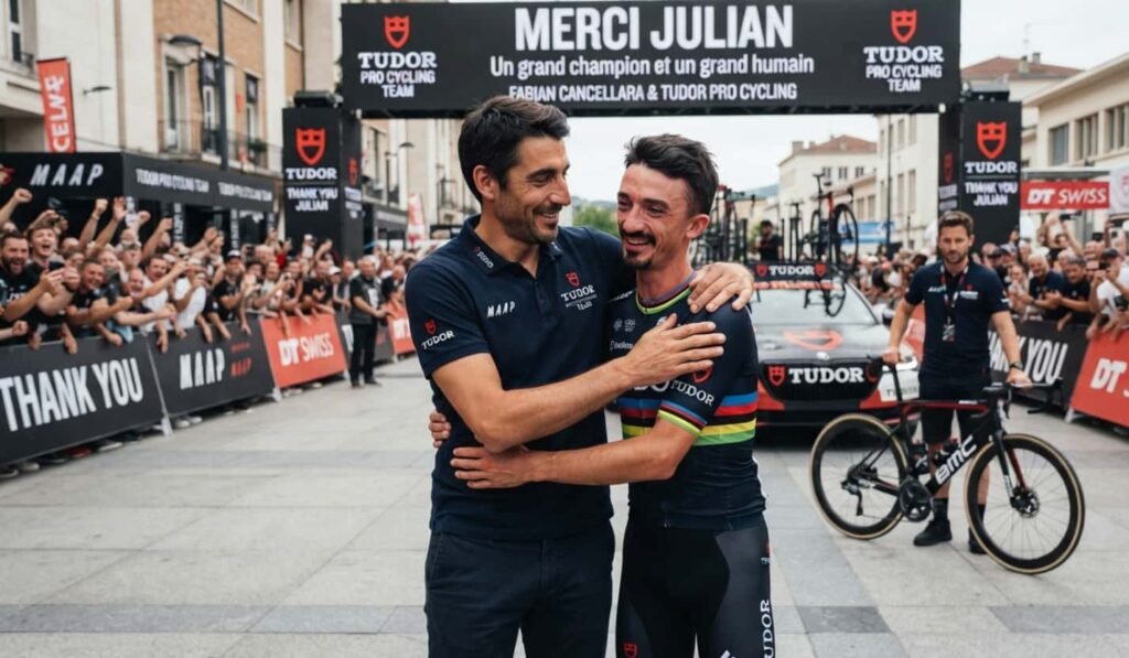 Julian Alaphilippe portant le maillot noir de l'équipe Tudor sur son vélo de course