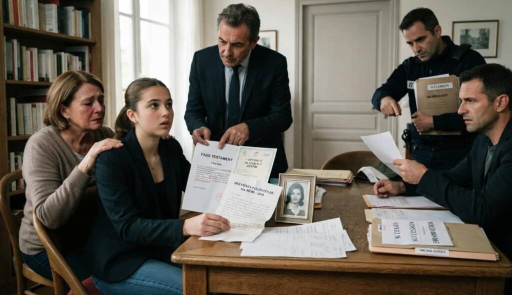 Elle lègue 580 000 € à sa fille, son ex s’invente veuf à Chypre pour tout prendre Un testament papier examiné à la loupe sur un bureau en bois sombre