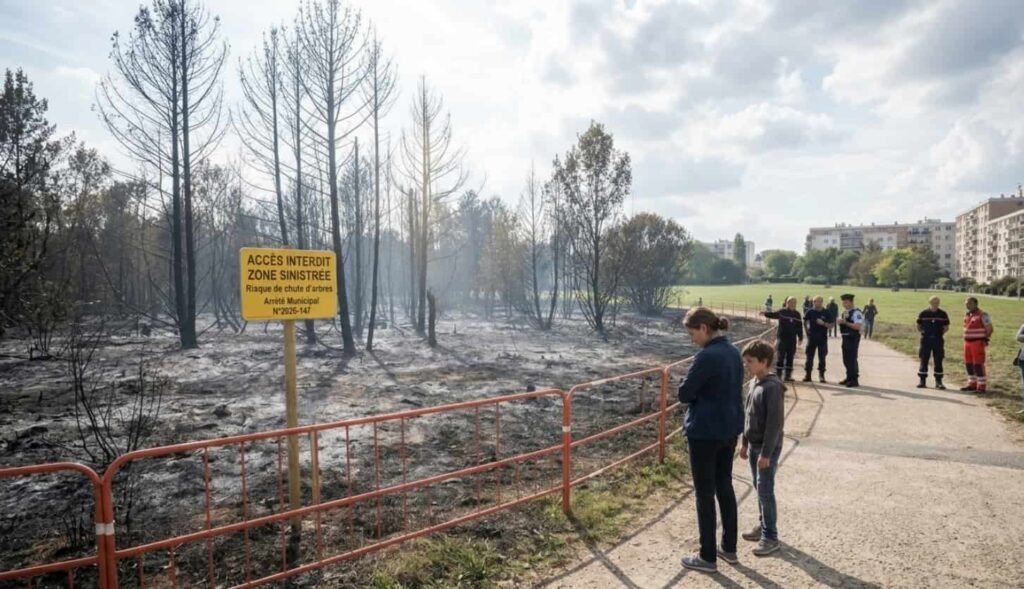 Vue aérienne du parc avec une large zone de végétation calcinée et des arbres noircis