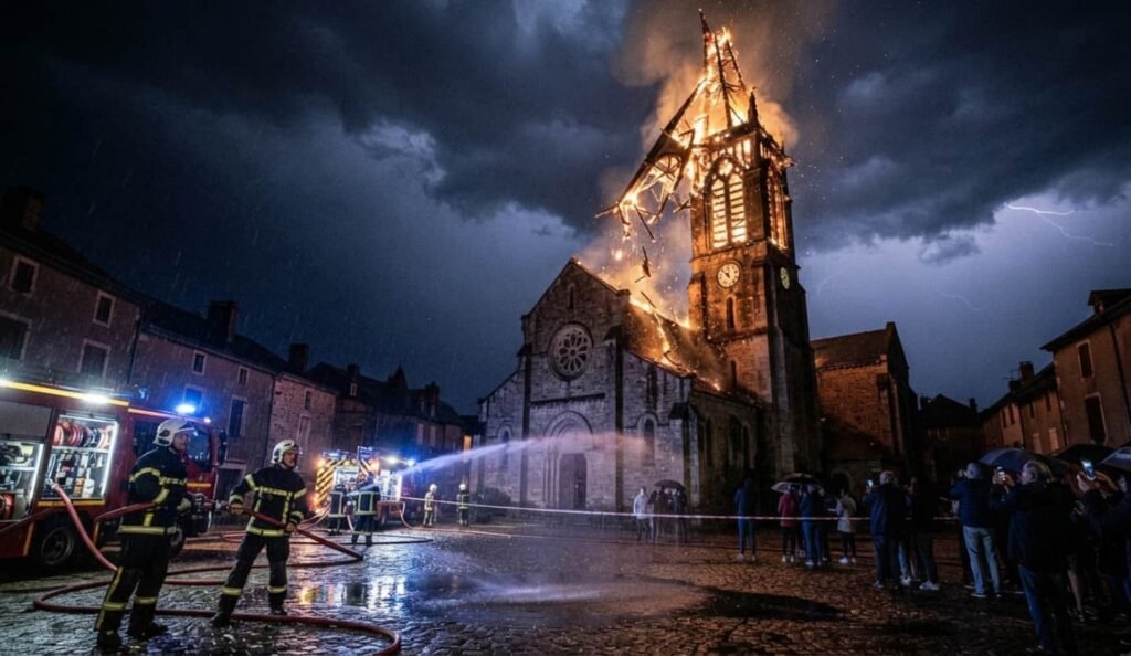 Clocher néogothique en feu la nuit, flammes oranges sortant du toit et épaisse fumée noire