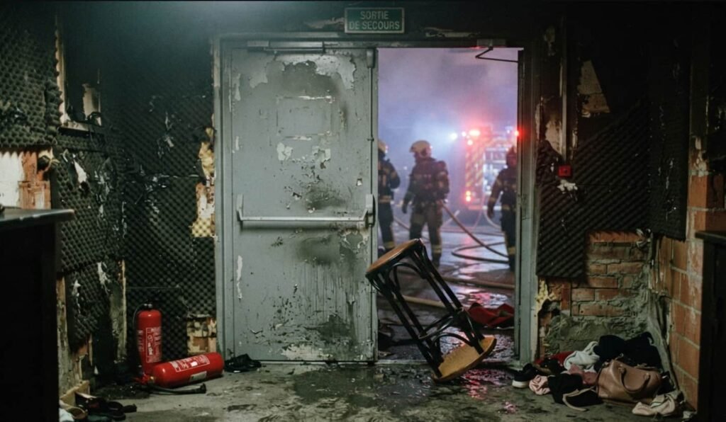 Façade noircie du bar Le Constellation à Crans-Montana après l'incendie, avec rubalise de police devant l'entrée