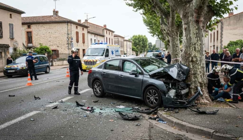Verdun-sur-Garonne : un jeune de 21 ans meurt après que sa voiture percute un platane Avenue Carnot à Verdun-sur-Garonne avec un platane percuté et rubalise de gendarmerie