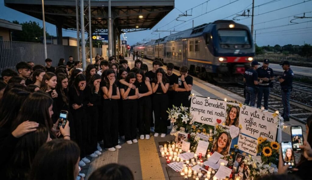 Elle traverse la voie ferrée avec ses écouteurs et meurt percutée par un train Quai vide de la gare de Squinzano au crépuscule, sans voyageurs