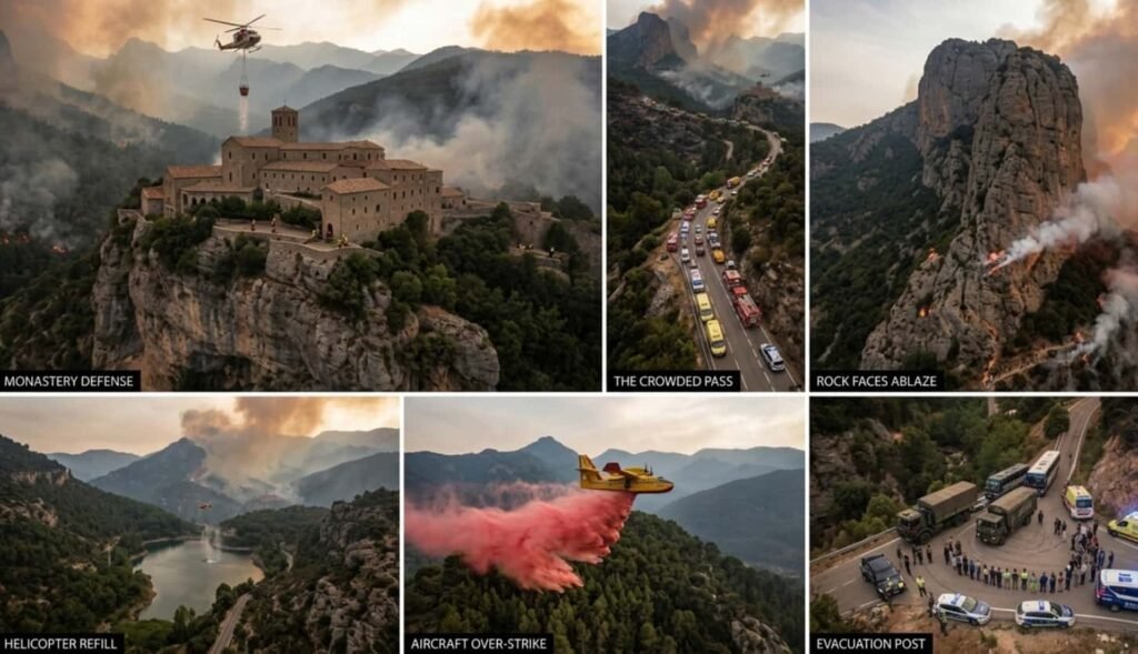 Espagne : 100 pompiers français déployés contre le mégafeu d’Aragon à Huesca Pompiers français et espagnols en tenue de feu jaune devant un camion de pompiers rouge sur un chemin forestier