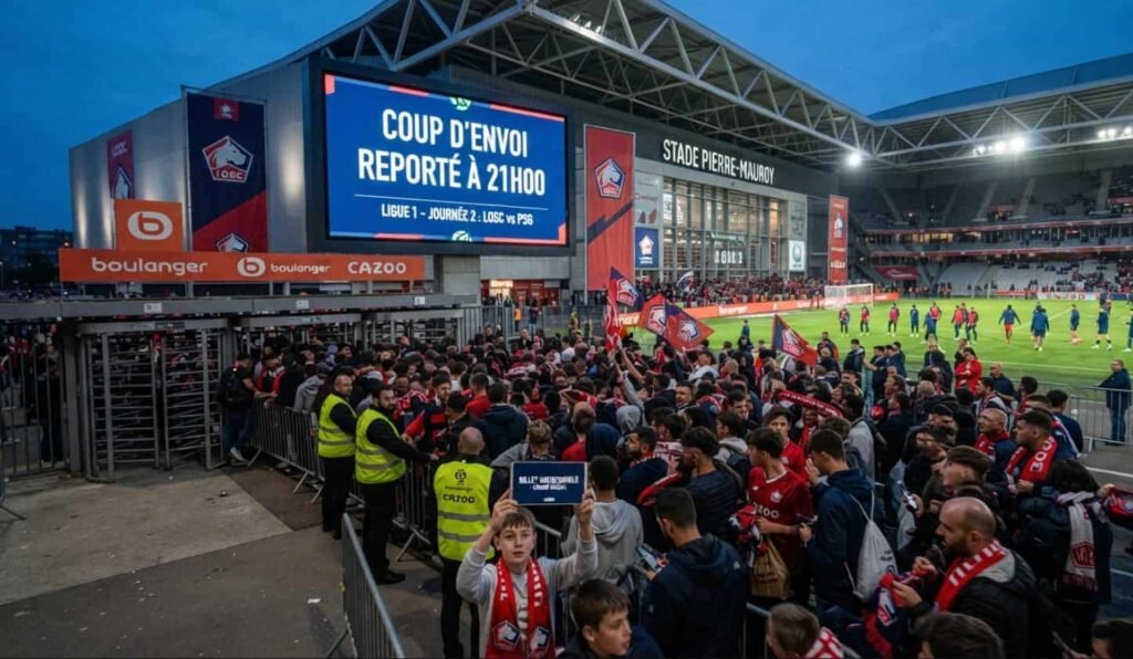 Des supporters du LOSC attendent massés devant les grilles fermées du stade Pierre-Mauroy